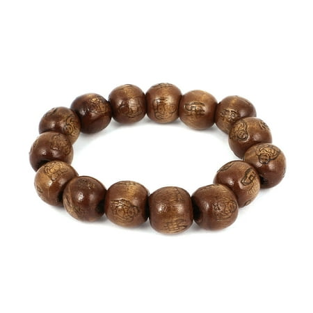 Wood Bangle - Woman Men Wood Chinese Word Pattern Stretchy Brown 15 Beads Wrist Decor Bangle