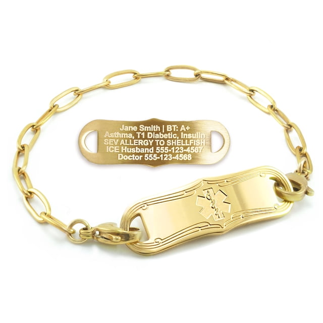 MedicEngraved Yellow Gold Stainless Steel Custom Medical Alert Bracelet - 4mm Paperclip Link