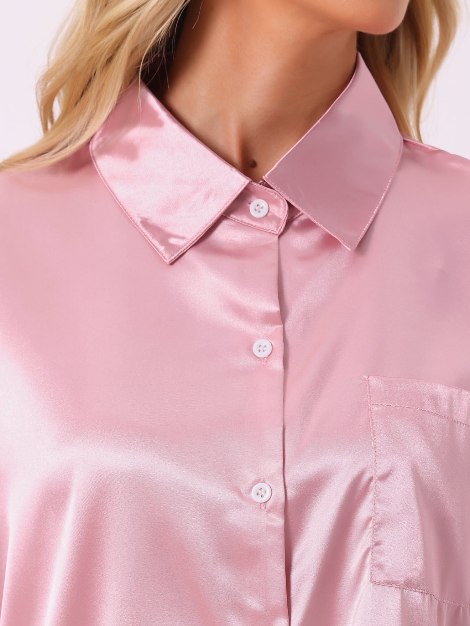 DARING DIVA Pajama Satin Oversize Casual Button Down Point Collar Set L Pink