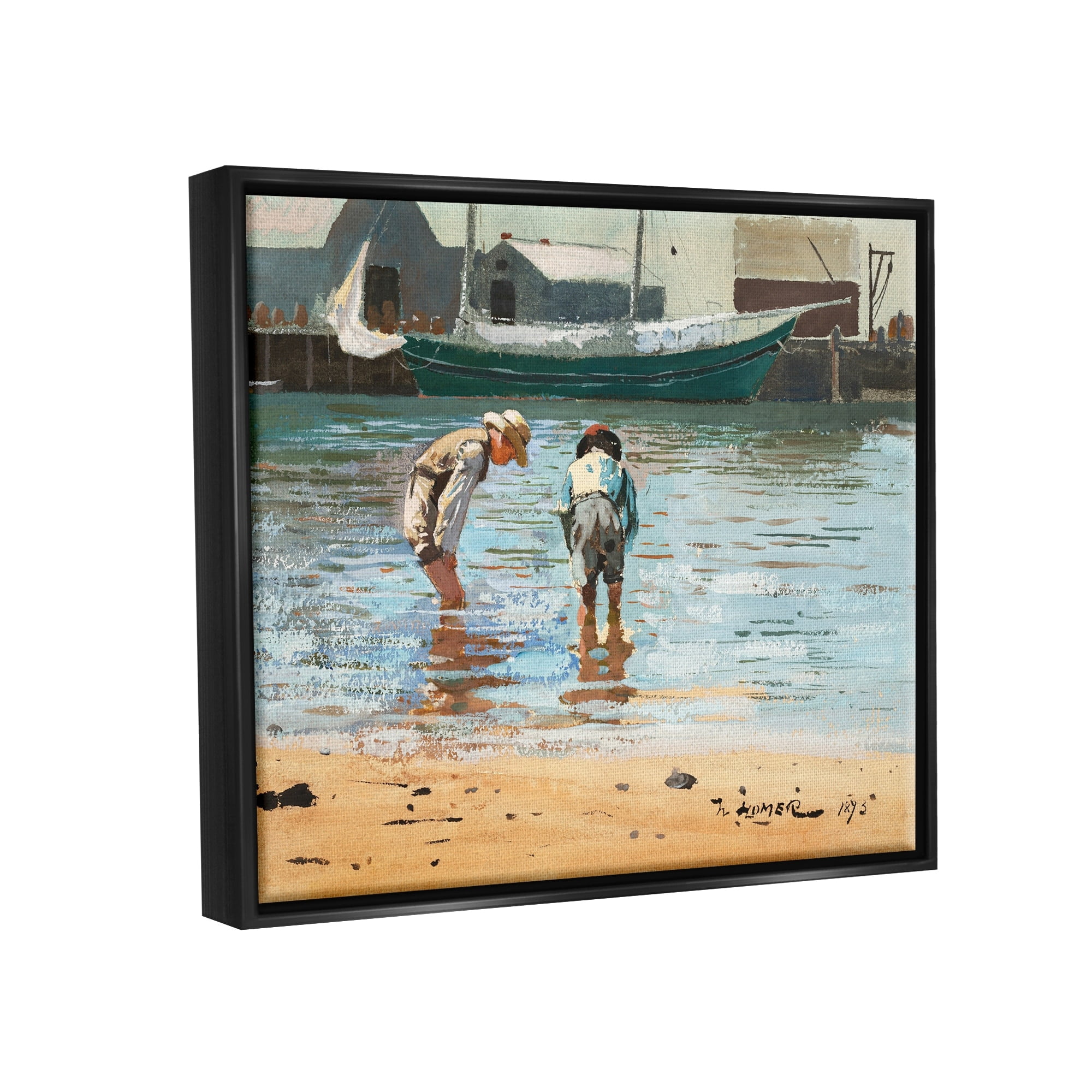 Stupell Industries People Shoreline Beach Marina Searching Sea Life Painting Luster Gray Floating Framed Canvas Print Wall Art, Design by Lettered and Lined