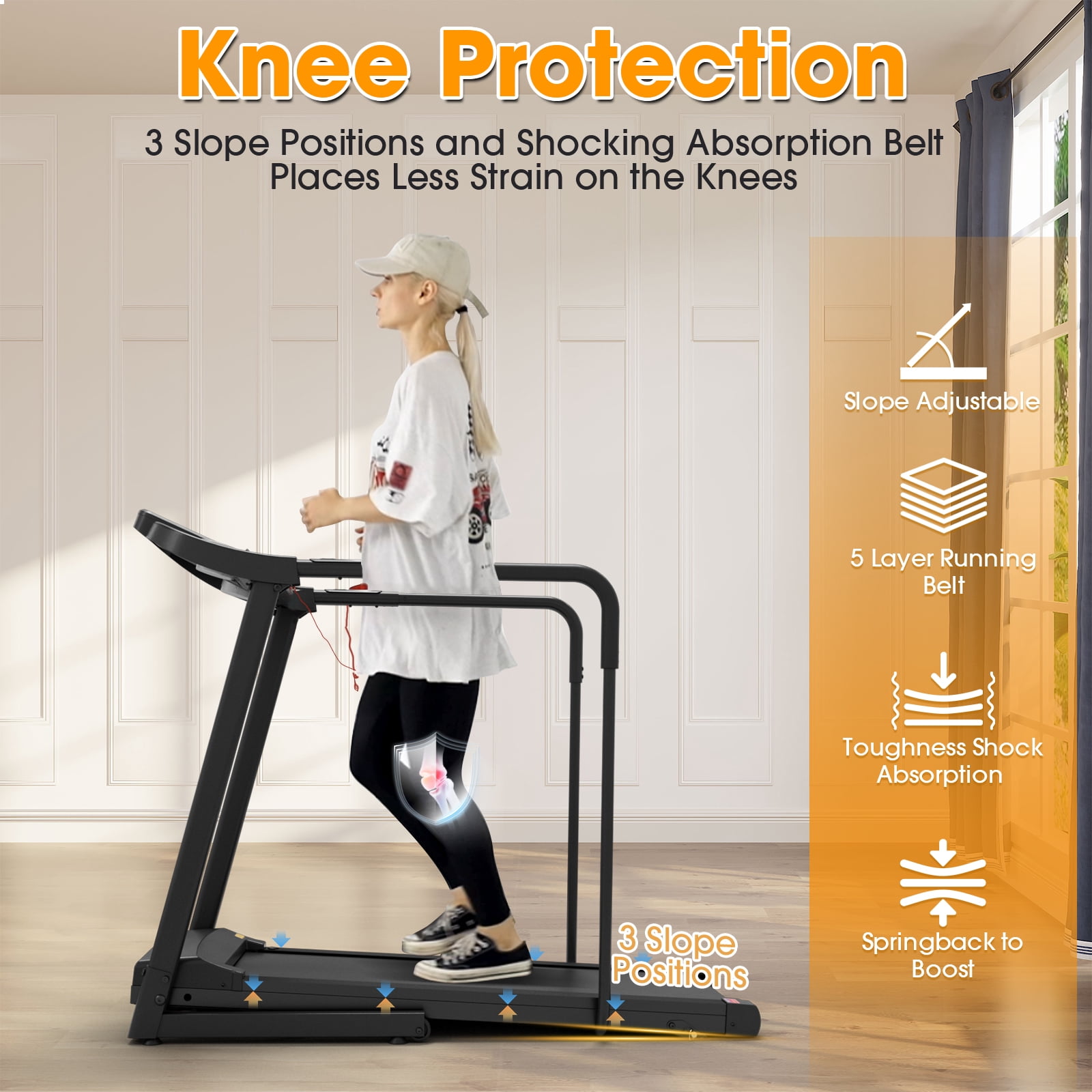 Syedee Walking Treadmill with Long Handrail, Recovery Walking Machine with Heart Monitor & Safety Locker, Foldable Jogging Machine with LCD Display Screen