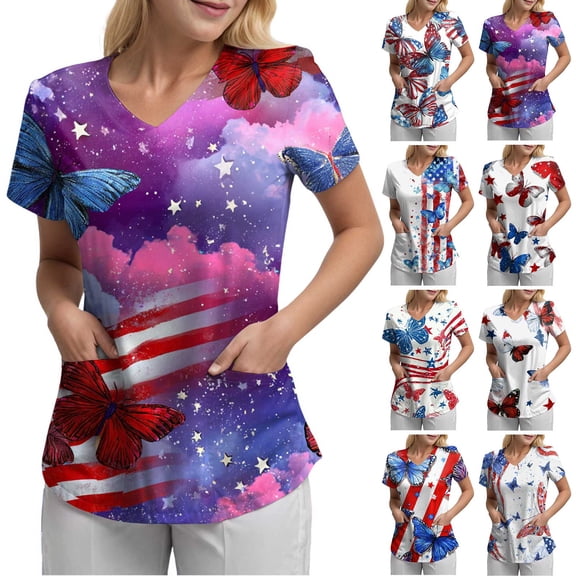 GEWSEY Plus Size Scrubs Womens 4th of July Patriotic Shirts Independence Day American Flag Print Stretchy Nursing Scrub Tops (Navy, 3XL)