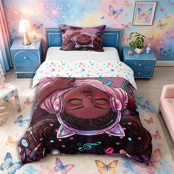 Castle Fairy Stylish Black Girl Twin Duvet Cover,Music Makeup Print Twin Bedding,Purple,1 Duvet Cover and 1 Pillowcase