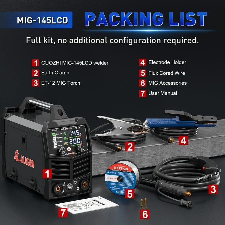 GZ GUOZHI 145A MIG Welder, 3 in 1 MIG, Stick, LIFT TIG, 110V Flux