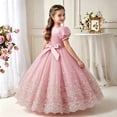 thumbnail image 5 of Girls Puff Sleeve Bow Ball Gown Dress Embroidered Mesh Floor Length Birthday Party Pageant Princess Dress (7-8 Y, Pink), 5 of 8
