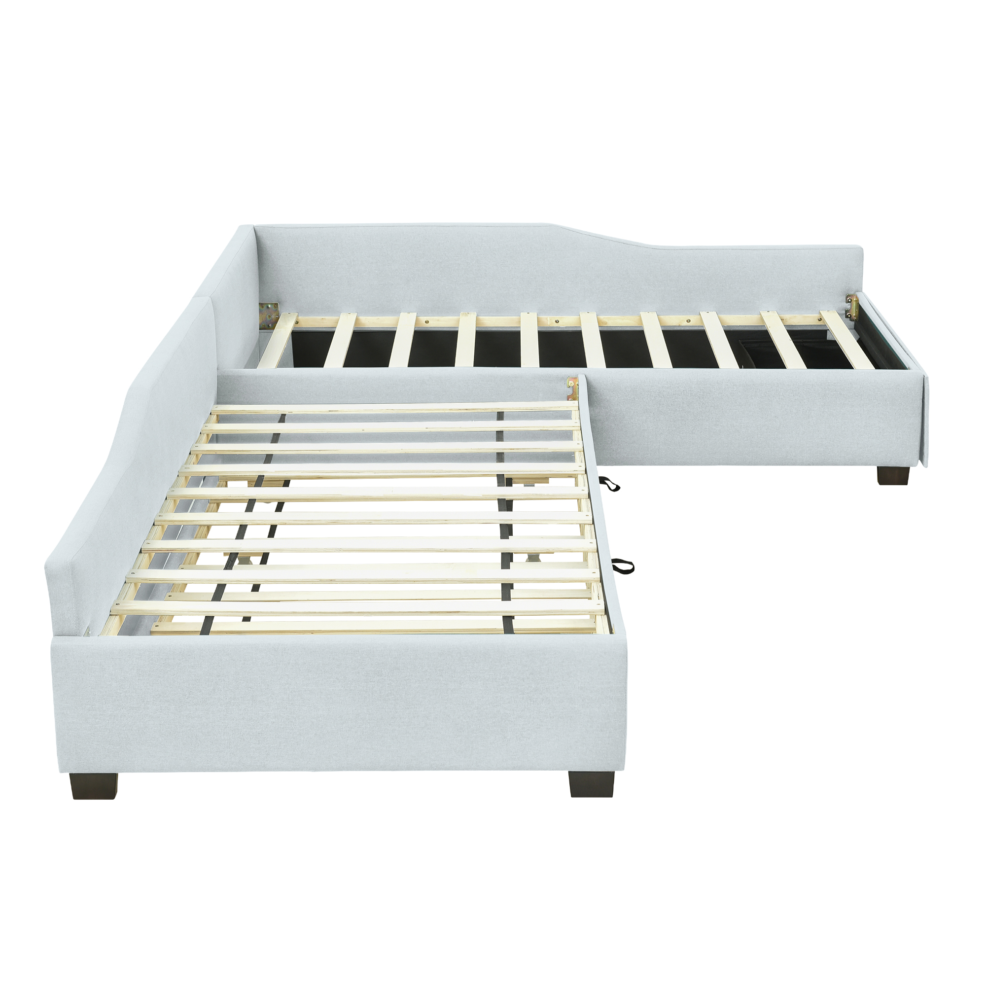 Euroco Modern Upholstered L-Shaped Twin Daybed with Drawer and Trundle, Three Beds in One for Kids, Beige