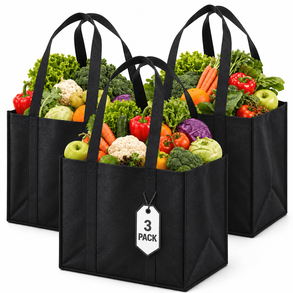 3-Pack Reusable Grocery Bags, Foldable Polypropylene Shopping Cart Totes with Reinforced Handles and Rigid Bottom, Black, 15 x 13.8 x 10 in