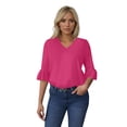 thumbnail image 5 of Women's Solid Color V Neck Tops 3/4 Ruffle Sleeve Casual Blouses Dressy Work Shirts Casual Office Top Loose Fit Shirts Tees, 5 of 5
