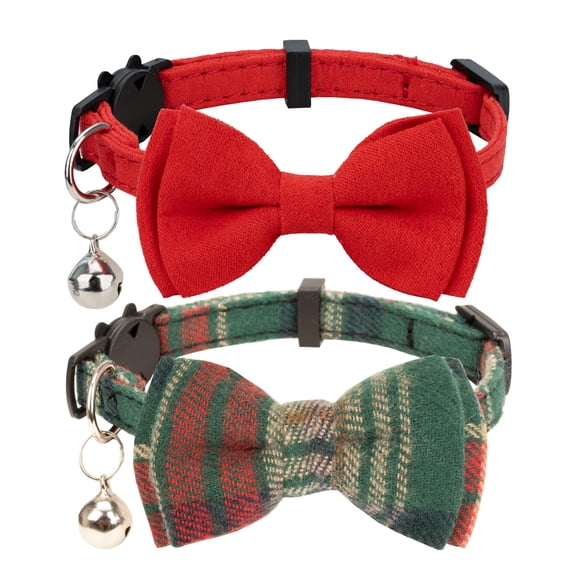 Mumup Christmas Collar for Cat Pet Breakaway with Bell Bowtie Detachable Bow Adjustable Safety Kitten Puppy Girl Boy 2pcs Christmas