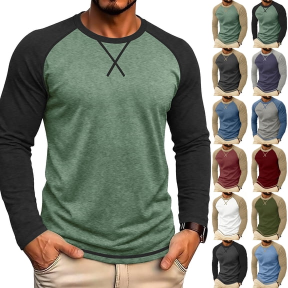 Smsaxvxz Mens Shirts Soft Comfort Crew Neck Long Sleeve Color Patchwork T-Shirts Casual Lightweight Fall Tops Mint Green L