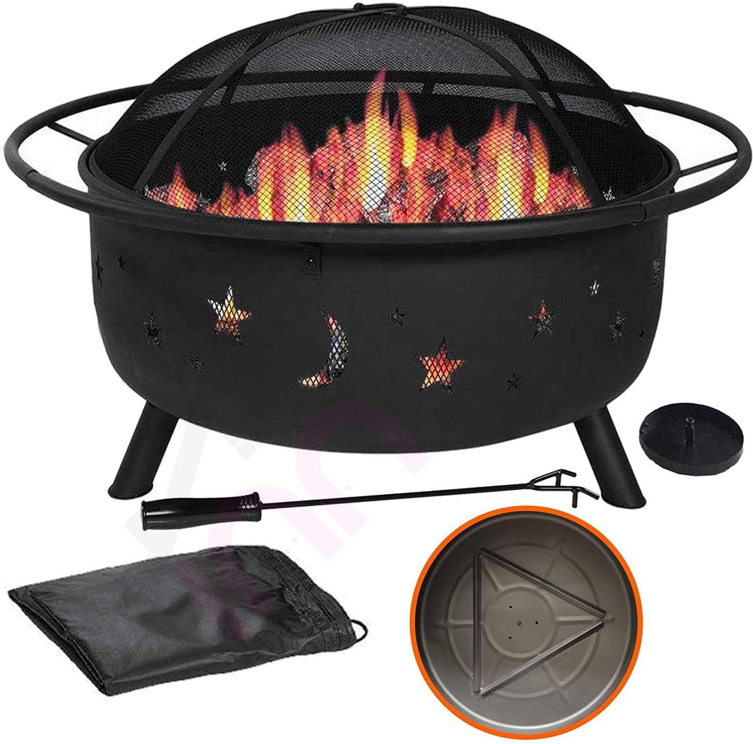 31 Outdoor Fire Pit Set Waterproof Cover 6-in-1 Large Bonfire Wood Burning Firepit Bowl Ash Plate For Outdoor Backyard Terrace Patio Drainage Holes Fireplace Poker Spark Screen Metal Grate 