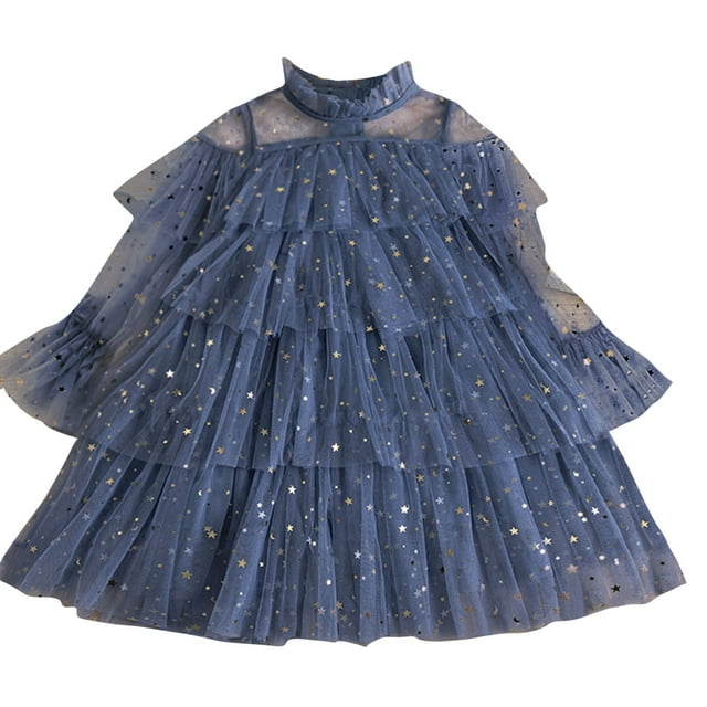 MeetoTime Girls Cake Dress Long Sleeve Round Neck Ruffled Lace Embroidery Mesh Princess Dresses 2-8 Years Baby Clothes