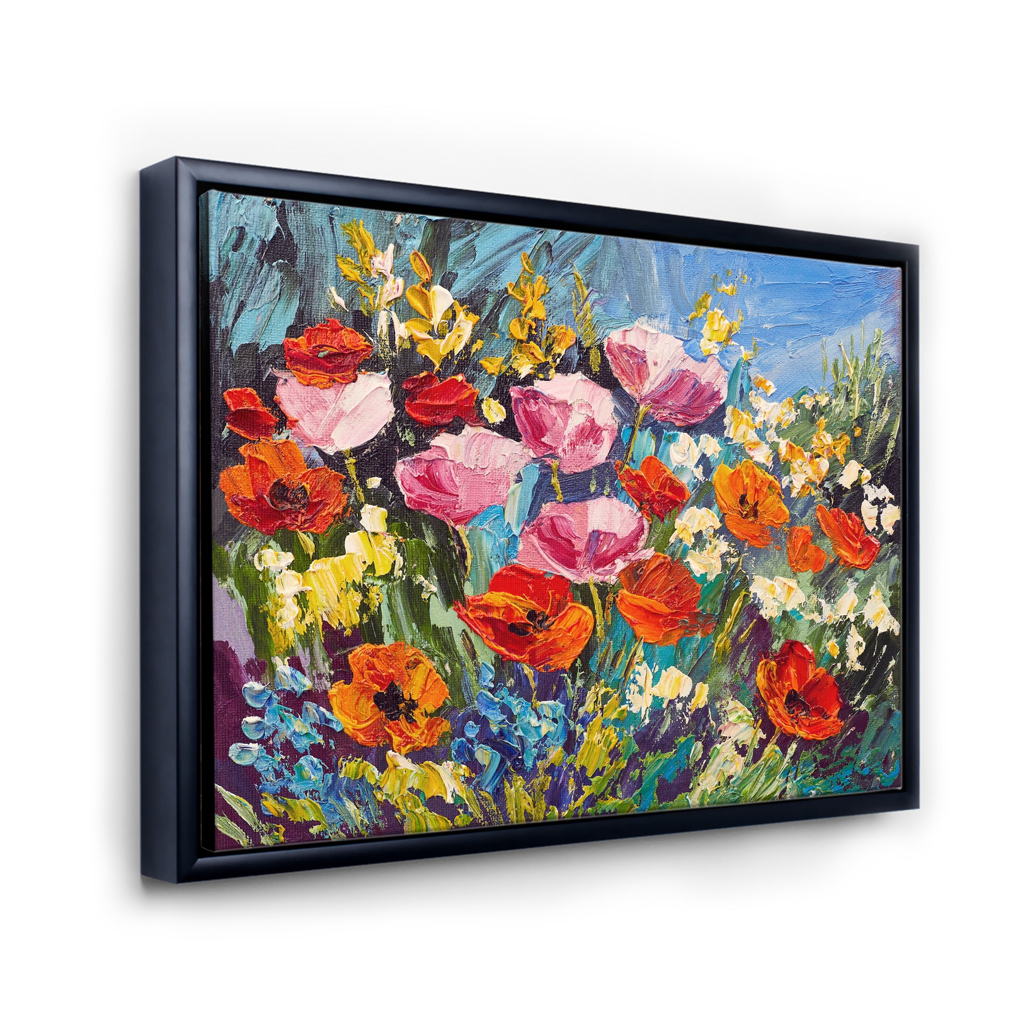 Designart 'Colorful Spring Poppies In Field' Traditional Framed Canvas Wall Art Print