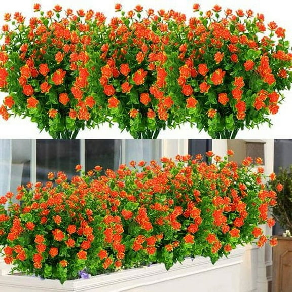 Sinhoon 6 Bundles Outdoor Artificial Flowers UV Resistant Fake Boxwood Plants, Faux Greenery for Indoor Outside Hanging Plants Garden Porch Window Box Home Wedding Farmhouse Decor (Orange Red)
