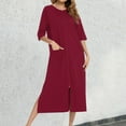 thumbnail image 2 of Falda informal cómoda de mujer, pijama holgado, camisón de manga 3/4 - Bata con cremallera, mezcla de algodón suave, dos bolsillos, largo hasta la pantorrilla, 2 of 6