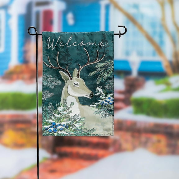 Evergreen Woodland Deer Welcome Applique Garden Flag 12 x 18 Inches Indoor Outdoor Decor