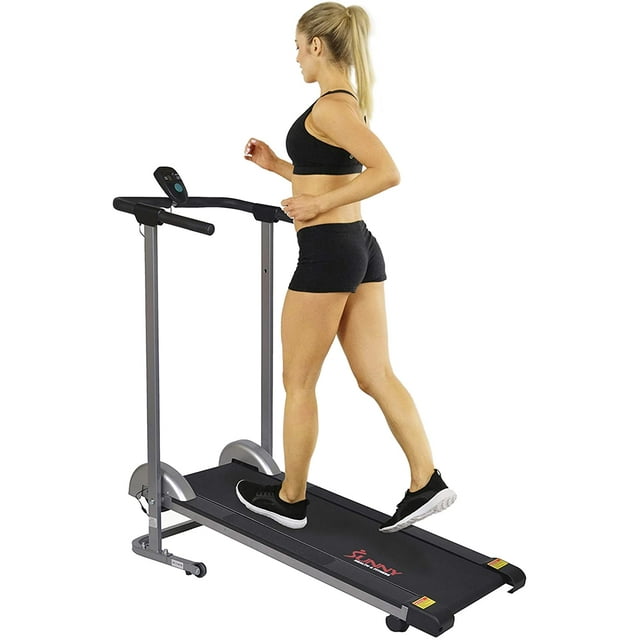 Caminadora Manual Sunny Health & Fitness SF-T1407M con Pantalla LCD Plegado Compacto Ruedas Portátiles 220 lb Gris