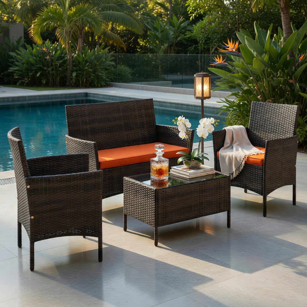Hommoo 4-Piece Outdoor Rattan Patio Furniture Set with Removable Cushions, Loveseat, 2 Chairs, Tempered Glass Coffee Table, Weather-Resistant PE Wicker, Orange
