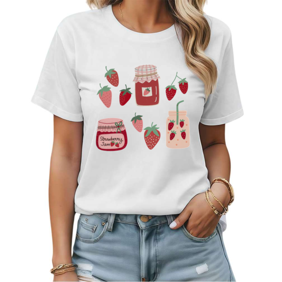 Strawberry Jam & Smoothie Graphic Tees Womans T-shirt Black/White S-5XL Shirts Retro Breakfast Tops