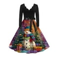 thumbnail image 6 of Women's Fashion Round Casual Slim Fit Christmas Print Large Swing Long Sleeve Dress, V-Neck, Holiday Print, Retro Style, Party Wear, Flare Hem,Purple Pink,M, 6 of 6