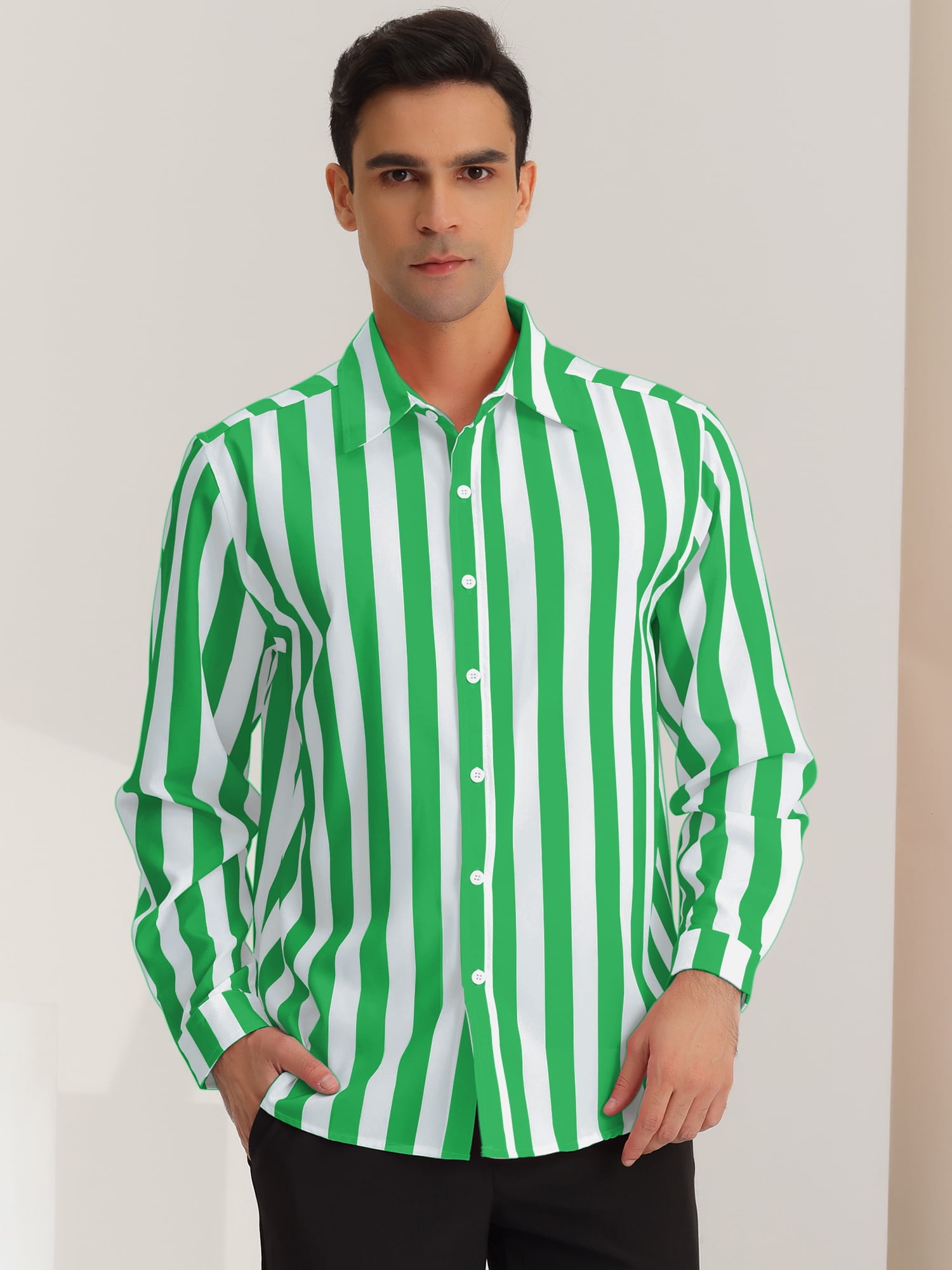 Unique Bargains Men's Casual Striped Long Sleeves Button Down Dress Shirts S Green White