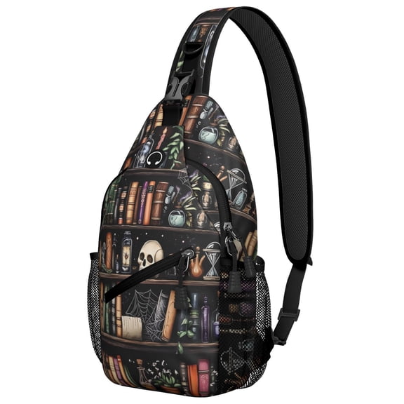 Sling Backpack,Black Halloween Skull Book Pattern Sling Bag with Water Bottle Holder,Waterproof Sling Bag for Men/Women with Headphone Jack for Hiking,Travel