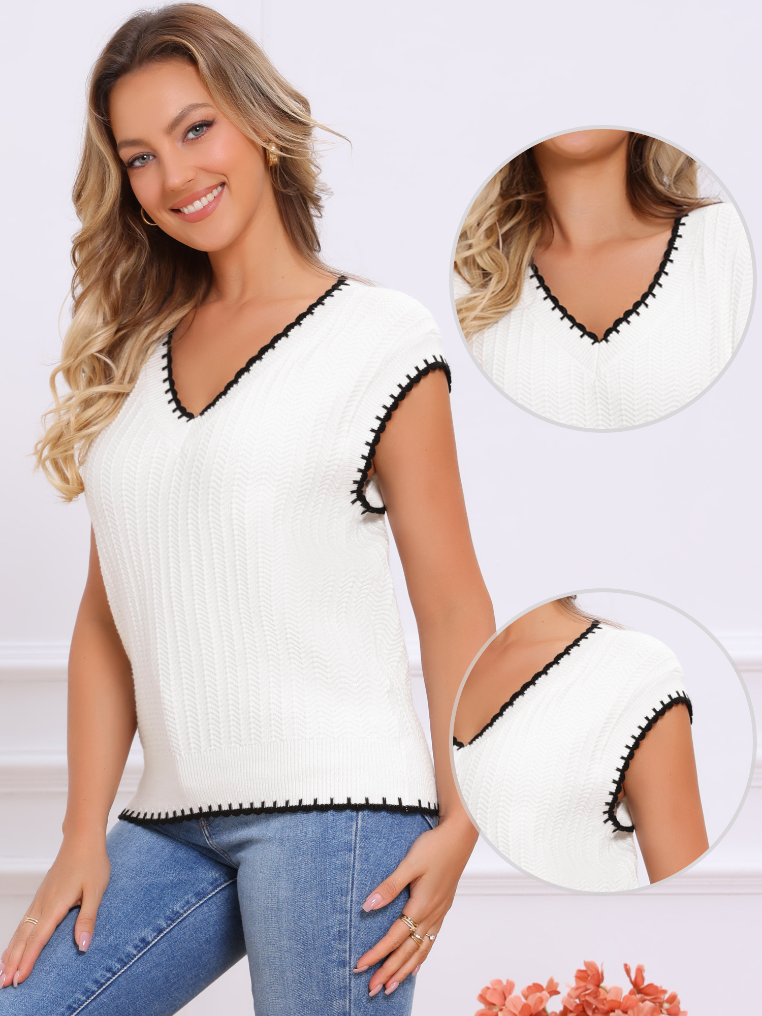 DARING DIVA V Neck Sweater Vest Fall Winter Pullover Tops S White