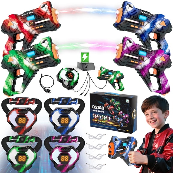 Huge Wave Shooting Tag Set of 4 with Vests & Back Receiver, Rechargeable Indoor & Outdoor Family Games Teens Group Activity, Birthday Gift for Kids Ages 6-12