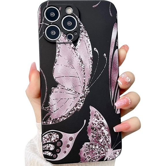 Compatible for iPhone 13 Pro Max 6.7 Inch Butterfly Case, Beautiful Butterflies Clear Case for Women Girls Soft TPU Shockproof Camera Protective Back Cover Case - Black