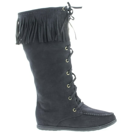 - Vinery by Soda, Knee High Fringe Lace Up Moccasin Flat Boots