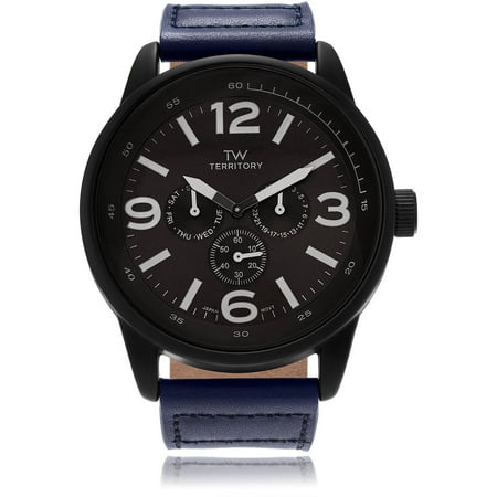 Territory Men's Leather Round Multifunction Strap Fashion Watch, Blue