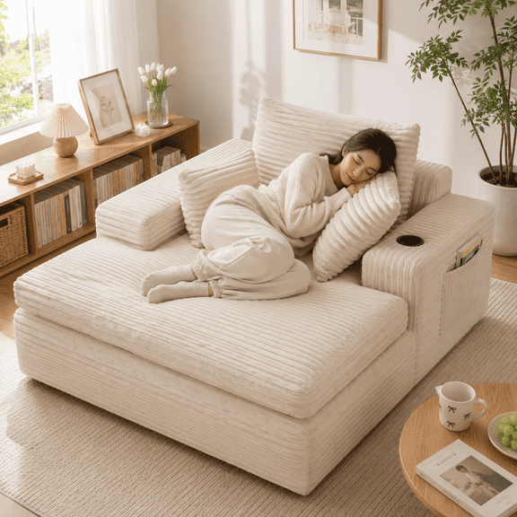 60" Oversized Chaise Lounge Chair Indoor, Boneless Sofa Bed with 4 Pillows