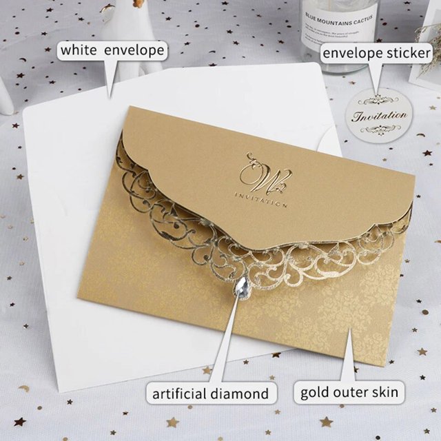 Tarjeta de invitación de boda elegante con corte láser, tarjeta de felicitación con sobre de diamante, recuerdos de fiesta personalizados, decoración de boda, 100 Uds.