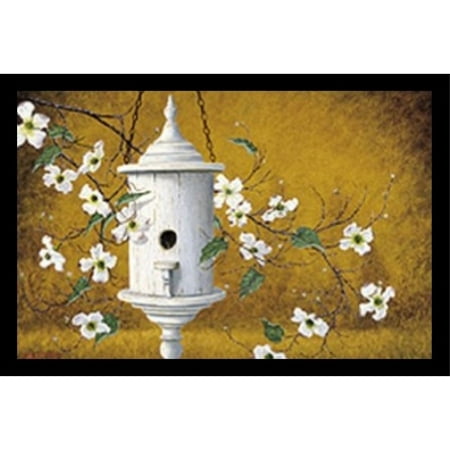 English Bird Cottage - buyartforless FRAMED English Bird Cottage I by Robert Duff 20x13 Art Print Poster White Bird Home Hanging from the Left with White Stem Flowers