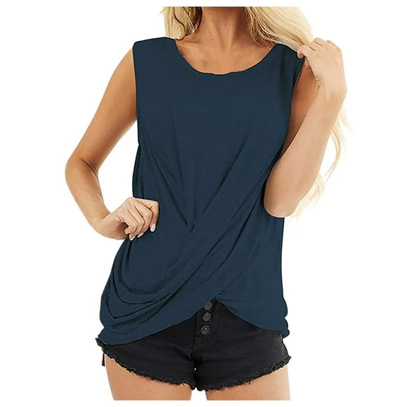 qolati Tank Tops for Women Summer Crewneck Sleeveless Tunic T Shrits Dressy Casual Loose Ruched Beach Vacation Tees Blouse