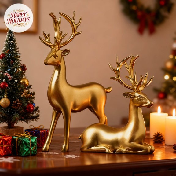 Standing & Lying Reindeer Figurine Set, Indoor Outdoor Christmas Xmas Decorations, Elk Tabletop Decor for New Year Mantel Window Home Party Decor