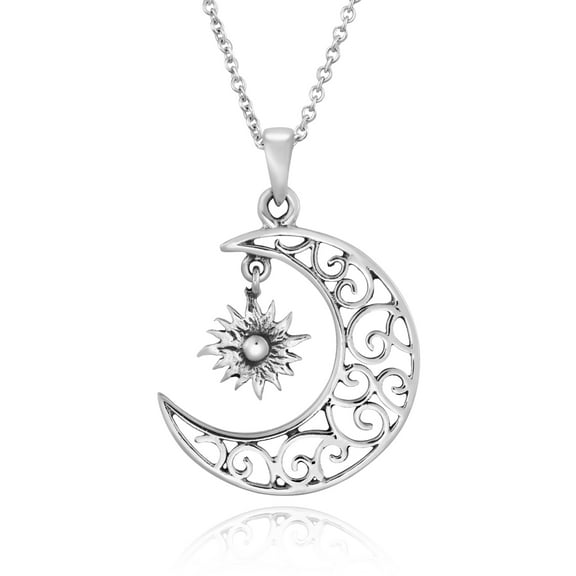 Lunar Eclipse Crescent Moon & Sun Celestial Sterling Silver Pendant Necklace