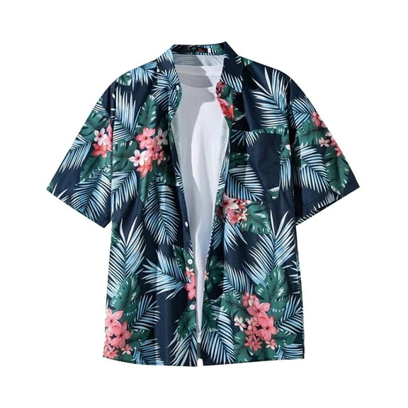 Boys Hawaiian Button Down Shirts Print Short Sleeve Tops with Pocket Summer Cute Beach Clothes for 5-14Years