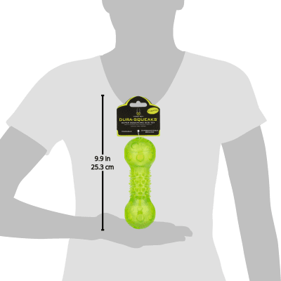 Hyper Pet Dura-Squeaks Durable Non-Toxic TPR Bouncing Super Squeaky Dog Toy, Barbell, Green