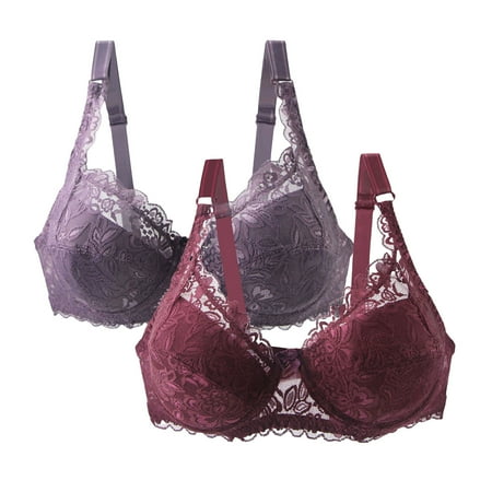 Lace Bralettes for Women with Support 2 Packs Bra   Women Floral Lace Wireless Everyday Bras  Push up Smoothing Bralettes Supportive Gathering T Shirt Balconette Purple S