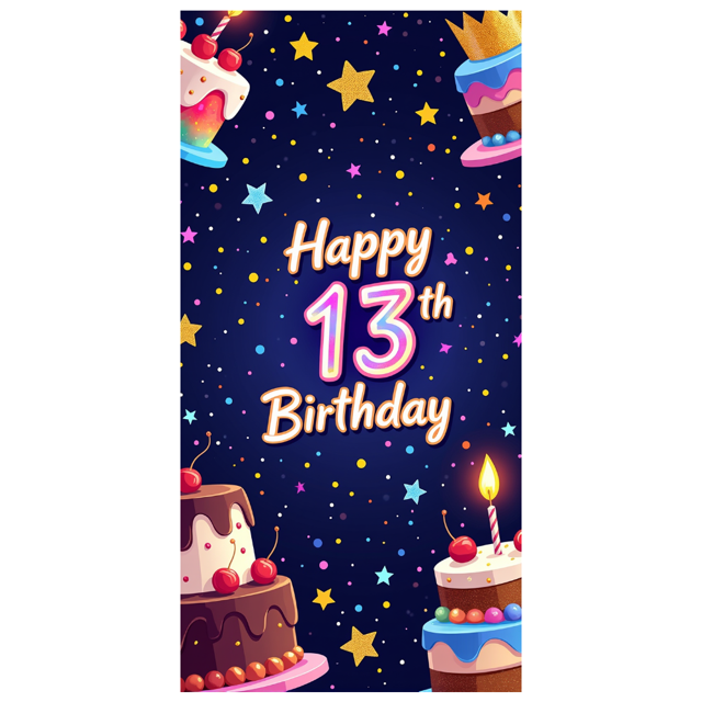 Colorful 13th Birthday Backdrop Banner with Cakes Balloons and Crown Elements Party Supplies Photography Props Birthday Party Decorations Happy Birthday Decor Backdrop