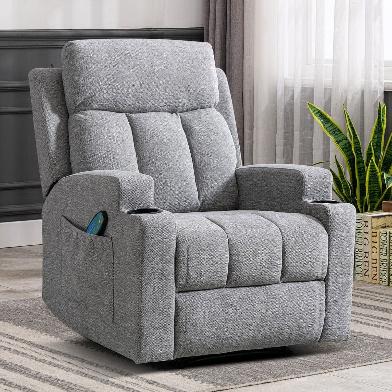 Ebello Manual Heated Massage Recliner, Soft Fabric Modern Overstuffed Recliner with Cup Holders for Living Room & Home Theater, Light Gray