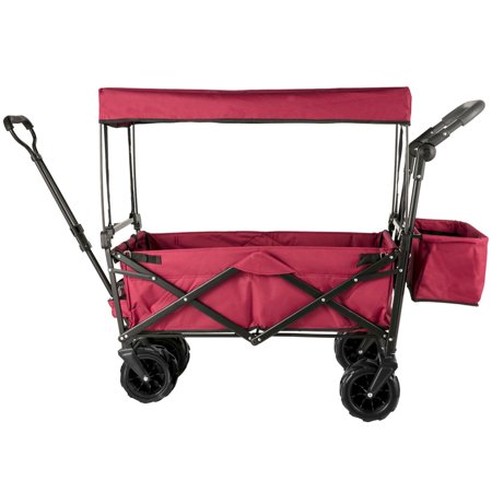 Collapsible Garden Wagon with Removable Canopy & Storage, Heavy-Duty Folding Cart for Outdoor, Picnic, Market (Red)