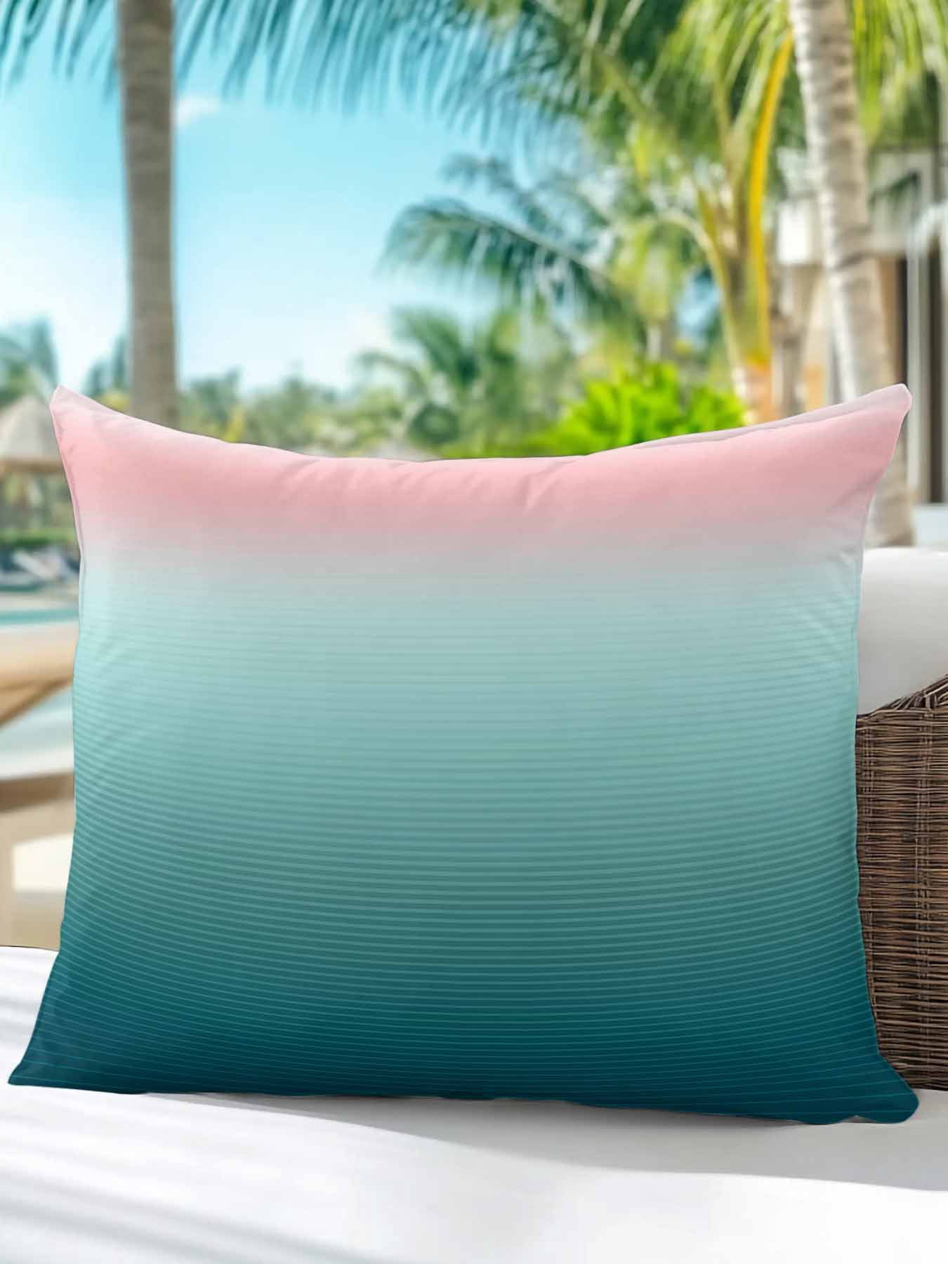 1 Pack Outdoor Throw Pillow, Pink Turquoise Ombre Waterproof Pillow with Insert Included, Teal Modern Geometric Striped Abstract Art Decorative Accent Cushion Sofa Pillows for Patio Porch, 16 x 16 In