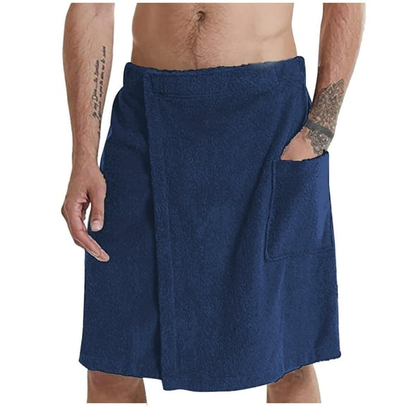 Zhuge Men's Soft Wearable Bath Towel, Flannel Fleece Body Wrap with Adjustable Fit for Spa, Shower & Daily Use, L, Navy Blue