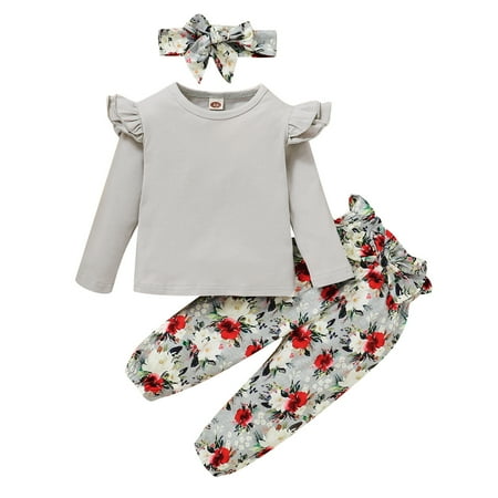 

Kucnuzki 3T Toddler Girl Fall-Winter Outfits Pants Sets 4T Long Sleeve Solid Color Ruffled Layer Tops Elastic Floral Pants Headband 3PCS Set Gray