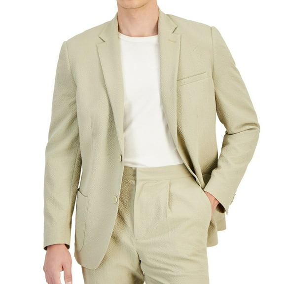 Alfani Mens Textured Seersucker Two Button Blazer Jacket, Beige, Medium