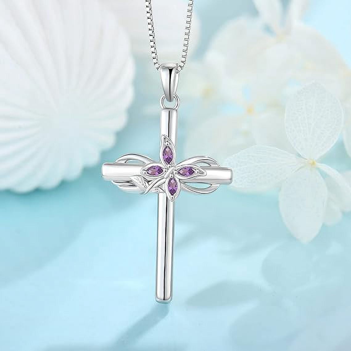 Inpasne Cross Necklace for Women 925 Sterling Silver Infinity Butterfly Amethyst Necklace February Birthstone Jewelry Gifts for Women Her Mom Wife Girlfriend Daughter