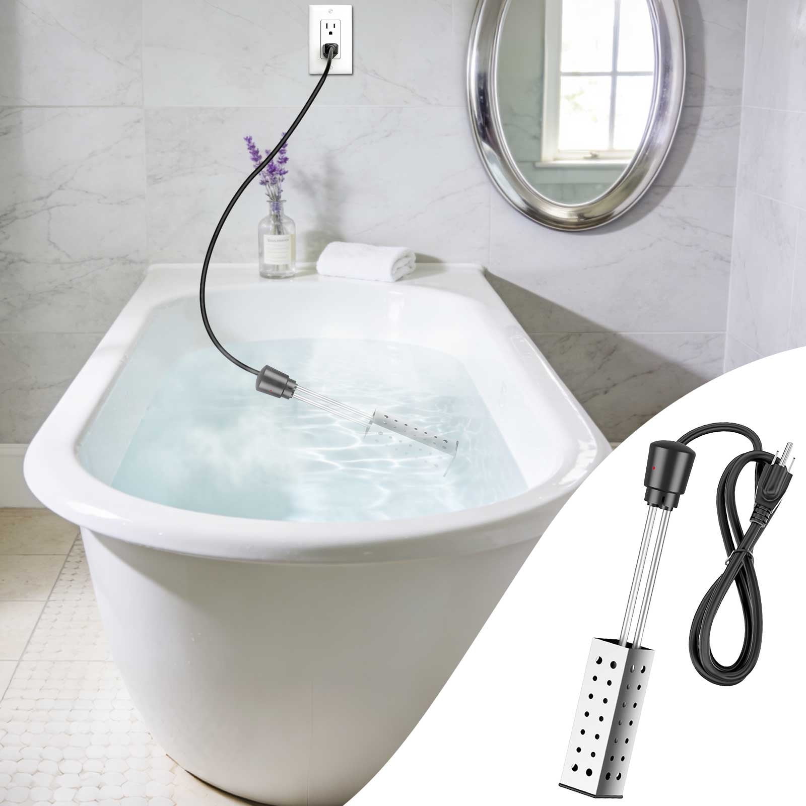 Portable Immersion Water Heater for Fast Heating, 1500W Electric Water Heater Rod for Pool Bathtub Bucket and Container, Stainless Steel Heating Element with Auto Shut Off for Safety