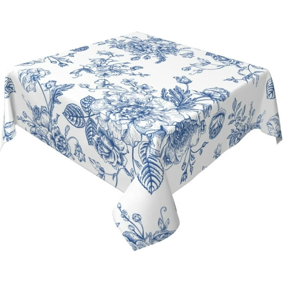 Spring Tablecloth 54x54 Inch Square, Blue Watercolor Flower Table Cloth, Chinoiserie Floral Tablecloths Polyester Fabric Farmhouse Decorative for Spring Home Kitchen Dining Party